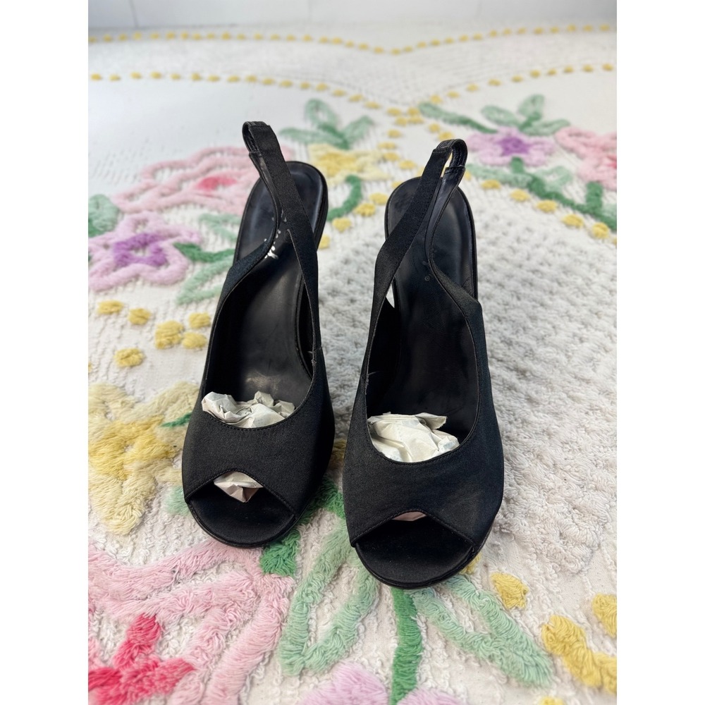 Spiegel Black Satin Peep Toe Slingback Stiletto Heels Leather Sole 7.5B F8065 - Picture 2 of 8